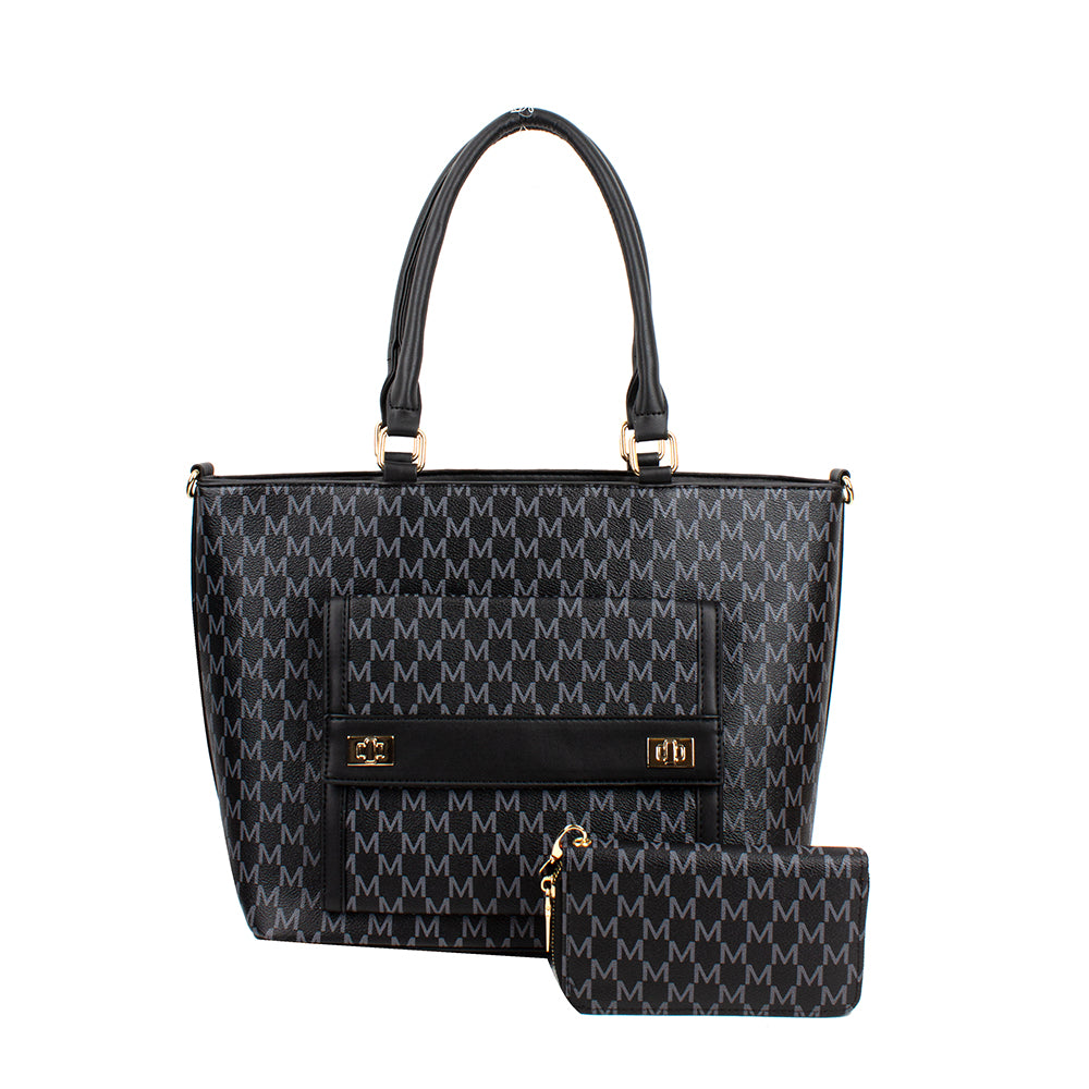 Black handbag with pattern and matching wallet on a white background