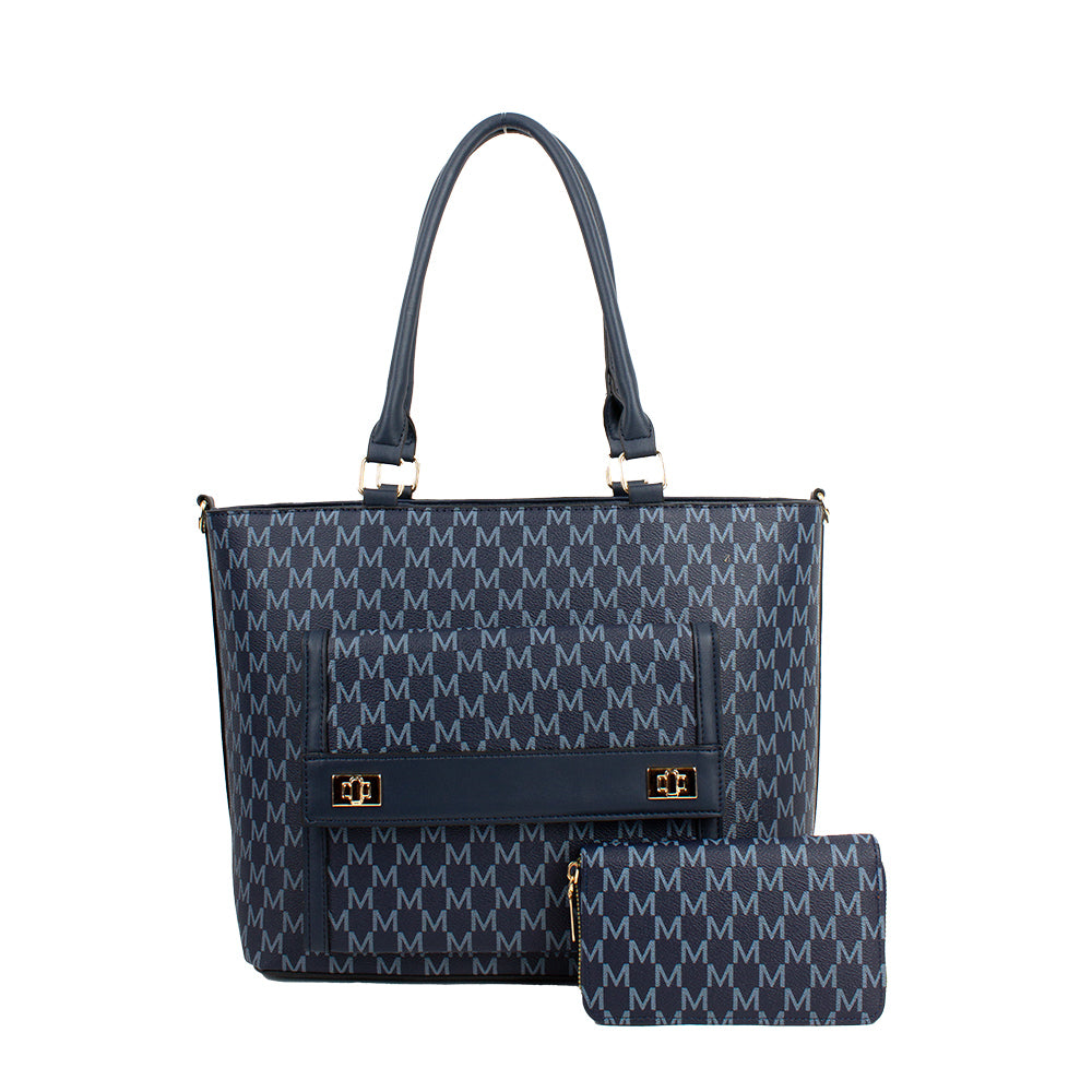 Blue handbag with monogram pattern on a white background