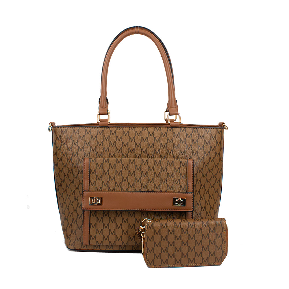 Brown patterned handbag with matching pouch on a white background