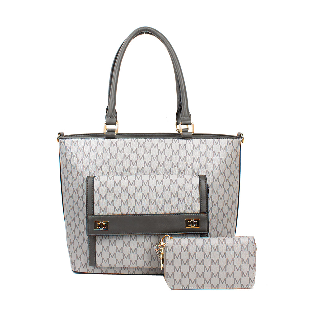 Gray handbag with matching pouch on a white background