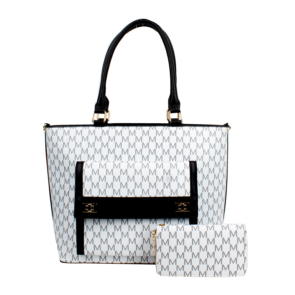 White handbag with black handles and trim, featuring a pattern of letters 'M'.