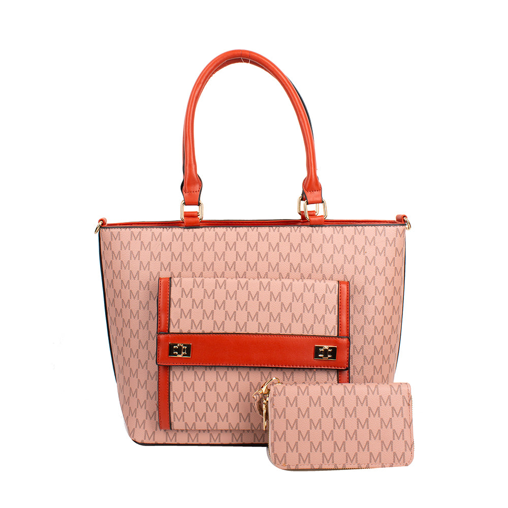 Pink handbag with orange accents and matching pouch on a white background