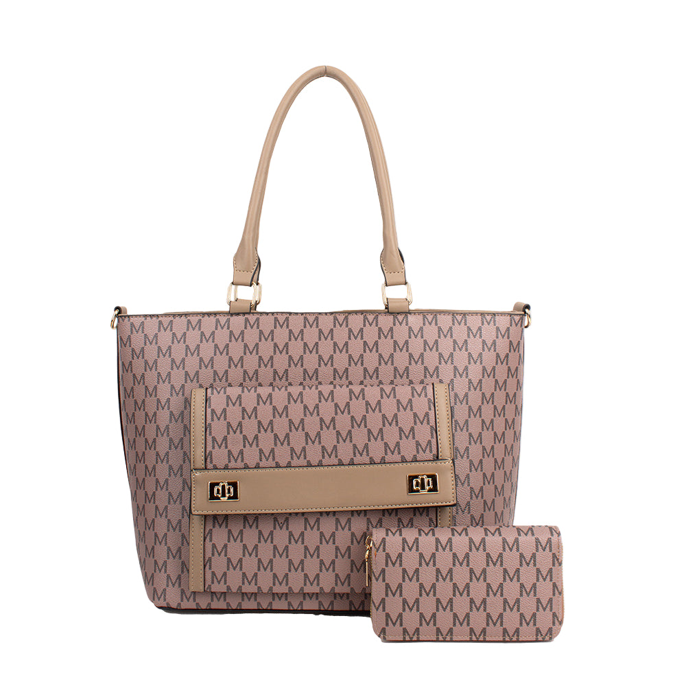 Pink handbag with monogram pattern and beige accents on a white background